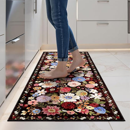 2x5 Entryway Runner Rugs, Non Slip Washable Rugs with Rubber Backing Soft Floral Carpet Runner for Kitchen, Laundry, Bedroom, Bathroom, Black/Brown