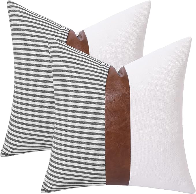 Mecatny Set of 2 Faux Leather Throw Pillows 18x18 with Inserts, Boho Striped Farmhouse Outdoor Pillows, Decorative Accent Cushions for Couch, Patio & Living Room, Grey