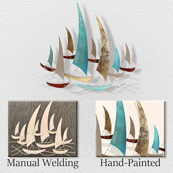 edaknez 3D Metal Ship Wall Decor, Large Sailboat Wall Sculpture, Coastal Nautical Ocean Wall Art, Metal Boat Wall Hanging, for Living Room Bedroom Indoor Outdoor (Distressed Rustic)
