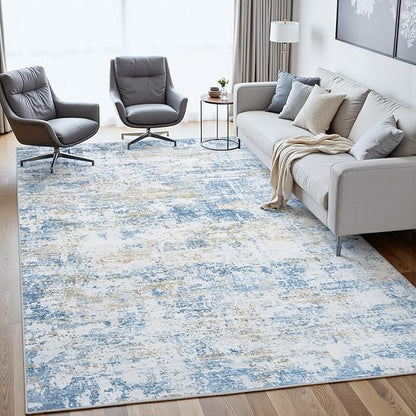 Area Rug 6x9 Living Room Rug Washable: No-Slip Abstract Soft Thin Large Blue White Gold-Beige Rugs, Indoor Floor Stain Resistant Modern Carpet for Bedroom Dining Room Farmhouse Nursery Home Office