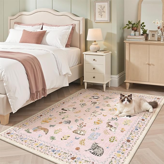 Soalmost Cat 4x6 Area Rugs for Baby Girl Nursery, Machine Washable Animal Floral Accent Rug Non-Slip Low Pile Soft Throw Rugs for Entryway Kitchen Bedside Living Room Bedroom Playroom (4 x 6,Pink)