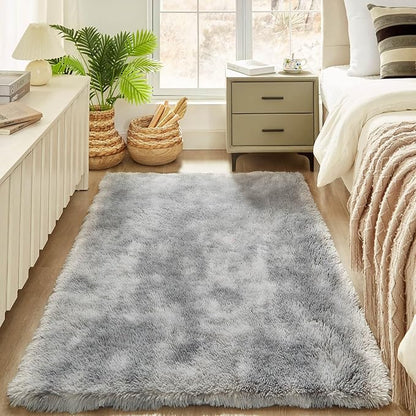 Floralux 4x6 Shag Rug, Tie-Dye Light Grey, Modern Fluffy Rugs for Bedroom, Soft Plush Carpet for Living Room, Nursery Kids Room, Home Dorm Decor Aesthetic, Area Rugs