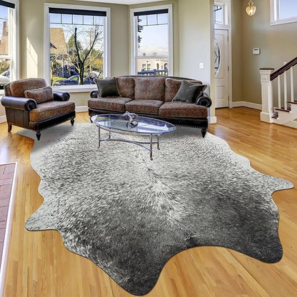 Washable Cowhide Rug for Living Room, Large 6x7 Grey Speckled Faux Cow Print Area Rugs, Non Slip Animal Skin Bedroom Carpet, Rustic Cabin Modern Farmhouse Home Decor Fake Hide Floor Mat