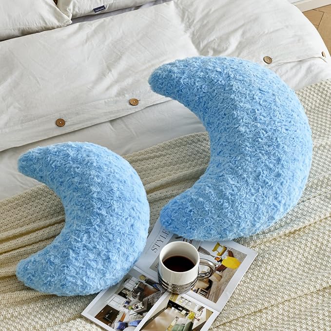 Moon Shaped Pillow with Soft Faux Fur for Couch, Bed, Sofa - Cute Half Moon Pillows with Room Decor for Bedroom, Living Room (14.9 Inches, Blue)