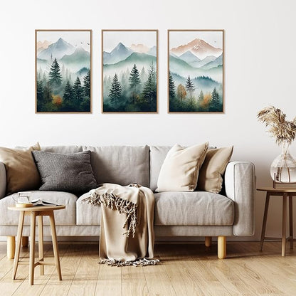HLNIUC Misty Forest Wall Art Canvas,Landscape Mountains Wall Art,Modern Foggy Pine Artwork,Boho Nature Artwork Watercolor,Pine Tree Painting,Mist Wilderness Prints for Living Room Bedroom 16x24x3