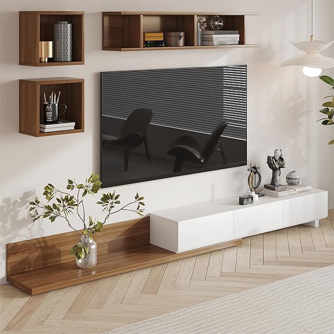 homary Wood Extendable TV Stand Rectangle Entertainment Center with Shelves & Drawers White & Walnut Media Console for Living Room Bedroom