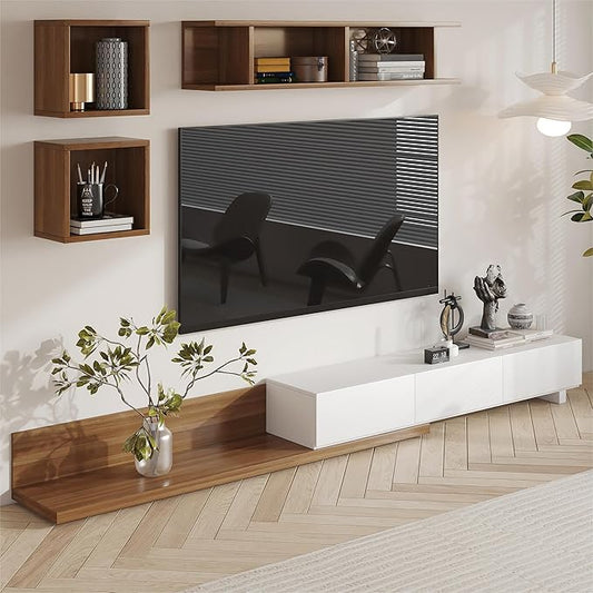 homary Wood Extendable TV Stand Rectangle Entertainment Center with Shelves & Drawers White & Walnut Media Console for Living Room Bedroom