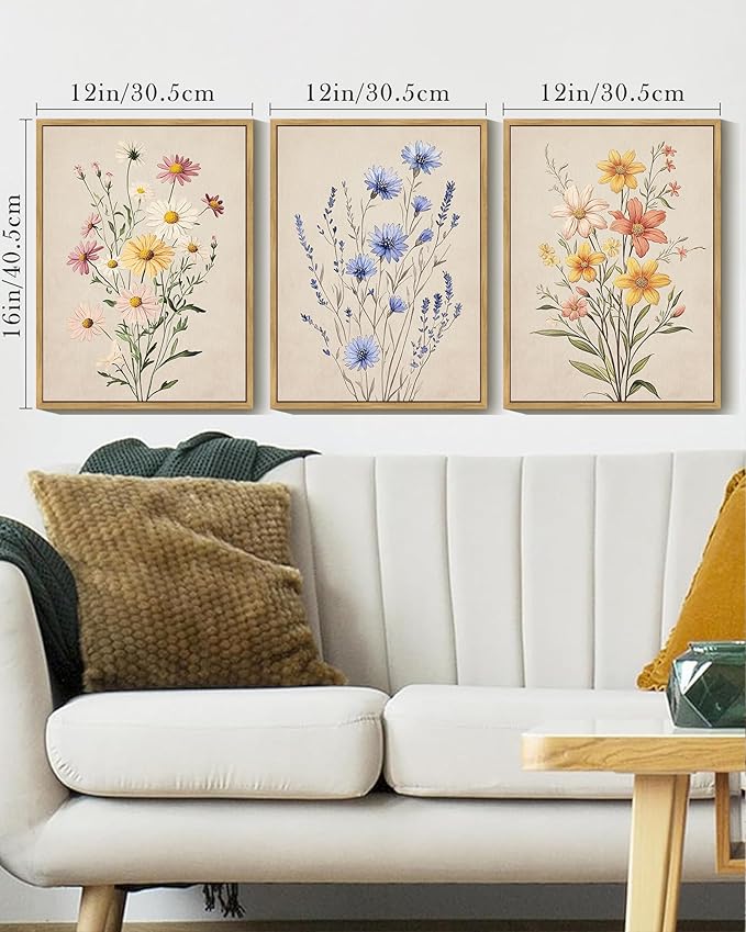 Drsoum Vintage Flower Bouquet Wall Art Framed Retro Bohemian Boho Colorful Floral Plant Rustic Artwork Nature Botanical Wildflower Prints Bedroom Living Room Ready to Hang 12x16in Natural Framed