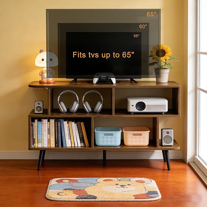 Lightdot 55 Inch TV Stand, up to 65 Inch TVs, Large Storage for Collection with 6 Open Shelves, Sturdy Media Console Table for Living Room/Entrance/Kitchen/Sofa Cabinet, Easy Assembly, Amber