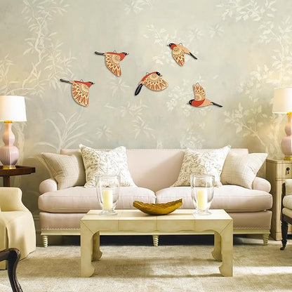 Vumyhuby 5 Pcs Orange Wooden Bird Wall Art | Rustic Folk Art Wall Decor for Indoor Use | Handcrafted Wood Flying Birds Wall Hangings for Living Room, Bedroom, Kitchen, Office | Scandinavian Home Decor Gift