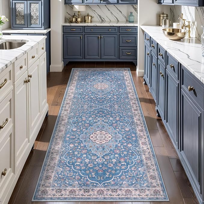 Tangsoo 2x5 Washable Runner Rug for Hallway,Non Slip Vintage Rug Runner for Entryway,Blue Beige Floral Soft Low Pile Floor Carpet Runner for Kitchen Bedroom Laundry Bathroom