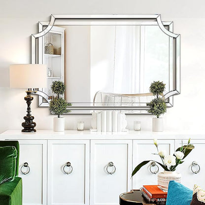 Chende 32" x 47" Large Wall Mirror for Living Room Decor, Modern Unique Decorative Mirror with Beveled Glass Scalloped Corner, Horizontal or Vertical Hanging for Entryway, Dining Room, Bathroom