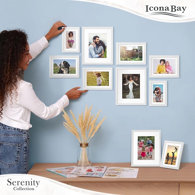 Icona Bay 4x6 Picture Frames w/Removable Mat for 3x5 Photos (White, 10 Pack), Sleek Modern Style Frames, Table Top or Wall Mount, Serenity Collection