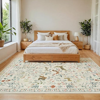 5x7 Area Rugs Washable Rug: Lagre Boho Living Room Rug Soft Non-Slip Thin Carpet Indoor Floor Non-Shedding Neutral Floral Carpets for Bedroom Dining Room Farmhouse Nursery Beige Animal