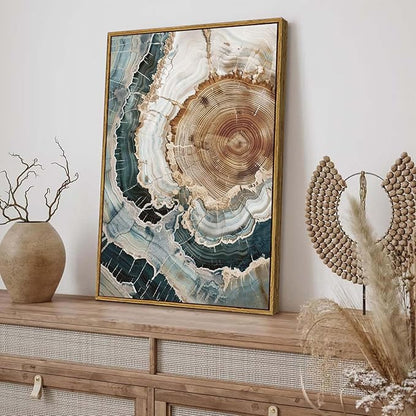 BingruiArt Framed Tree Ring Canvas Wall Art Abstract Wood Wall Decor Boho Modern Colorful Nature Painting Wood Stump Prints Pictures for Living Room Bedroom Bathroom Office 16"x24" Natural Framed(06)