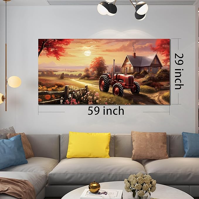 ANCXWOTER Canvas Wall Art Sunset Landscape Canvas Prints Vintage Red Tractor for Living Room Bedroom Office Home Decor Country Farmhouse Artwork 29x59 Inch