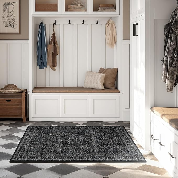 Vintage Dark 3x5 Entryway Rug Indoor Foyer, Earth Tone Farmhouse Throw Rug for Kitchen Bathroom, Machine Washable Non Slip Thin Area Rug for Nursery/Bedroom Bedside/Home Office/Dorm, Midnight