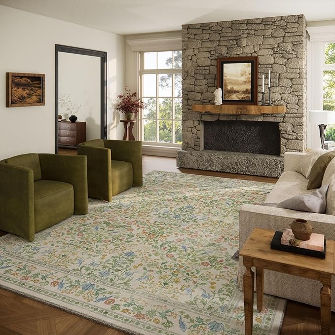 Washable Area Rugs for Living Room: 9x12 Bedroom Rug Boho Vintage Stain Resistant Non Slip Low Pile Lightweight Soft Carpets for Dining Room Kitchen Nursery Kids Room Farmhouse Living Room