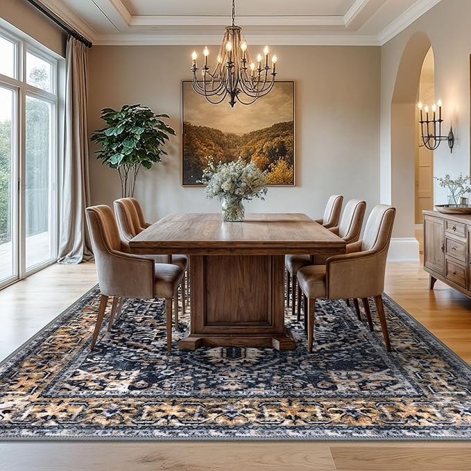 KOZYFLY Boho Area Rug 8x10 Ft Thin Rugs for Living Room Washable Bedroom Rug Non Slip Rugs for Living Room Gold/Orange/Navy Printed Faux Wool Vintage Bedroom Rug Floor Carpet