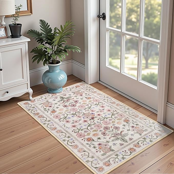 Maxsoft Small 2x3 Rugs for Entryway, Washable Floral Area Rugs for Entrance, Low Pile Thin and Non-Slip Throw Carpet for Kitchen Floor, Front Door Indoor Door Mat, Bathroom, Bedroom Bedside, Pink
