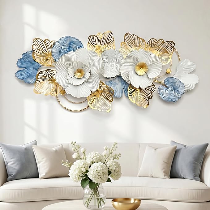Axioglo Large Metal Wall Art Decor, 3D Modern Abstract Floral Pattern Design, Handcrafted Metal Wall Sculpture for Living Room, Bedroom & Entryway（51"）