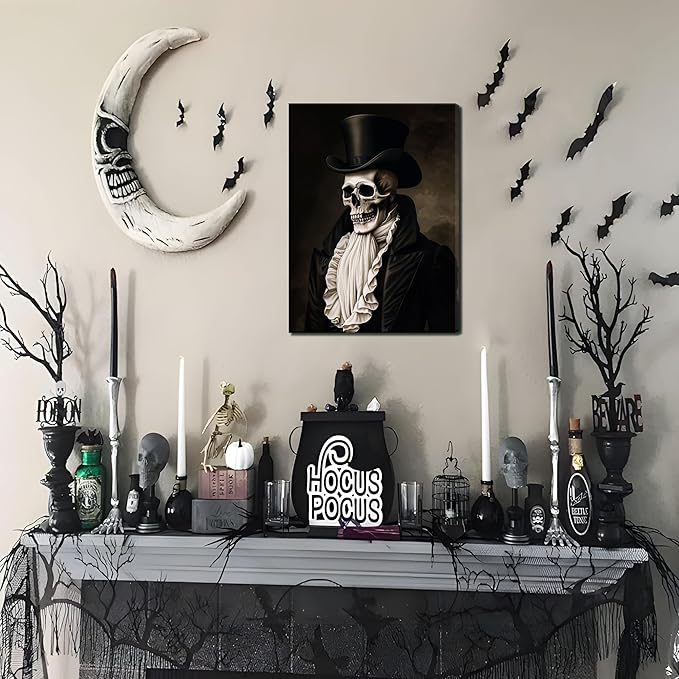 Dark Academia Wall Art, Moody Gothic Canvas Prints Wall Decor Paintings, Victorian Creepy Skull and Moth Posters Pictures Artwork for Bedroom Living Room 16x24 Inch Framed