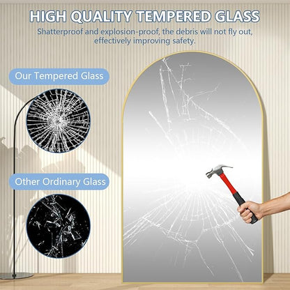 Large Mirror Full Length 76"X44", Oversized Arched Floor Mirror with Stand, Gold Standing Mirror Full Length, Hanging or Wall Mounted for Bedroom Living Room Clothing Store, Tempered Glass