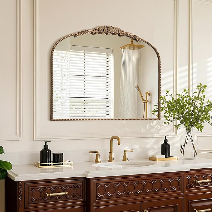 Besdomus Gold Vintage Vanity Mirror: 24"x 32" French Baroque Arched Mirror - Traditional Ornate Antique for Dresser/Mantel/Bedroom/Entryway/Bathroom/Hallway - Home Decor for Living Room