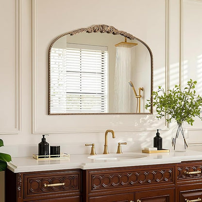 Besdomus Gold Vintage Vanity Mirror: 24"x 32" French Baroque Arched Mirror - Traditional Ornate Antique for Dresser/Mantel/Bedroom/Entryway/Bathroom/Hallway - Home Decor for Living Room