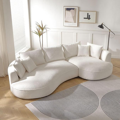 WILLIAMSPACE 124.8" Modern Curved Sofa Couch, Upholstery Boucle Sofa with Pillows, Right Hand Facing Sectional Boucle Fabric Couch for Living Room (Right-Facing,Light Cream)