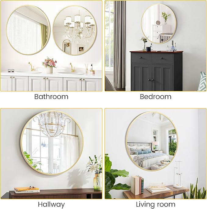GarveeHome Gold Round Mirror for Wall 32 in, Aluminum Alloy Frame Round Mirror, High Definition Eco-Friendly Gold Circle Bathroom Mirror for Over Sink, Wall Mirror for Entryway, Bathroom, Vanity