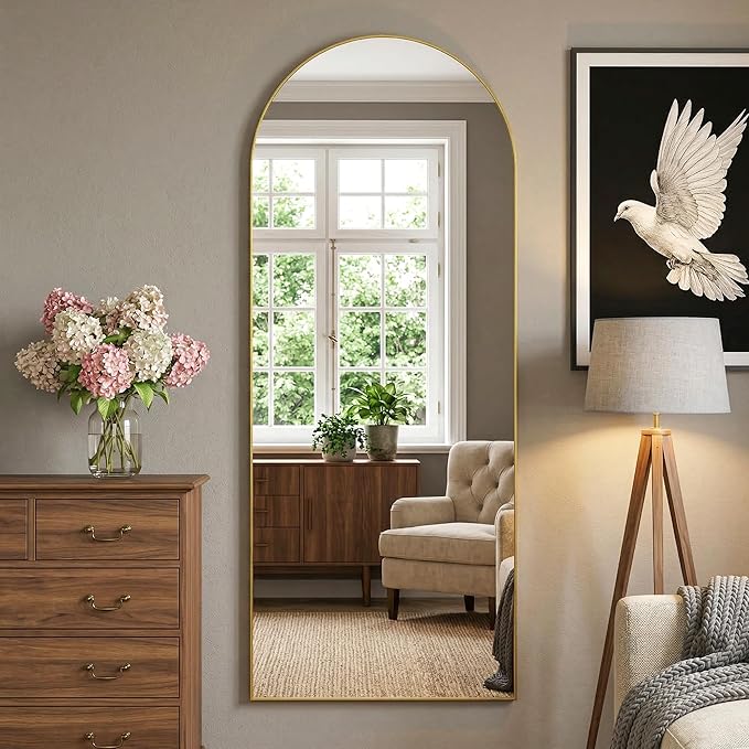 Arched Full Length Mirror 69 x 28 Inch, Full Body Mirror with Stand, Standing Hanging or Leaning Against Wall, Metal Frame Floor Mirror for Bedroom, Living Room, Cloakroom,Gold