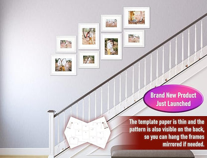 VELISTA 8 Piece Stair Picture Frame Set for Wall Collage – Stairwell Gallery Wall Frame Set -Stairway Décor for Walls - Ladder Picture Frames with Mat 5x7 and 8x10 in - Staircase Wall Décor (White)