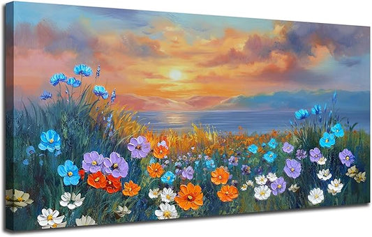 Ardemy Landscape Wall Art for Living Room Sunset Flower Large 40"x20", Canvas Art Wall Decor Textured Bedroom Floral Painting Artwork Home Office Dining Room