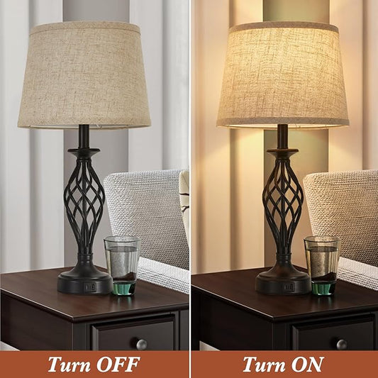 Table Lamp for Bedroom Set of 2 with USB C+A Ports, Modern Bedside Lamps with Spiral Cage Base, Fabric Shade, Nightstand Lamp for Living Room Reading Bed Side End Table, 2 LED Bulbs Included Black