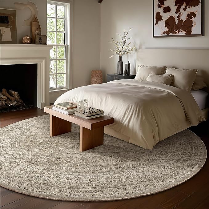 6ft Washable Round Rugs for Bedroom: Circle Living Room Rug Vintage Non Slip Low Pile Soft Faux Wool Non Shedding Boho Circular Rug for Entryway Kitchen Bathroom Office Dorm Entrance Nursery Indoor