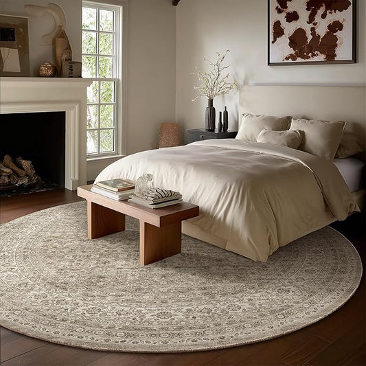 6ft Washable Round Rugs for Bedroom: Circle Living Room Rug Vintage Non Slip Low Pile Soft Faux Wool Non Shedding Boho Circular Rug for Entryway Kitchen Bathroom Office Dorm Entrance Nursery Indoor