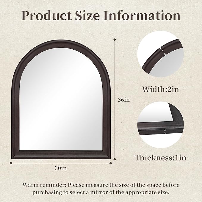 Tanmicoshomy Dark Brown Framed Arched Bathroom Mirror 30x36 Inch, Wall Mirrors with Tempered Glass for Living Room, Bedroom or Entryway