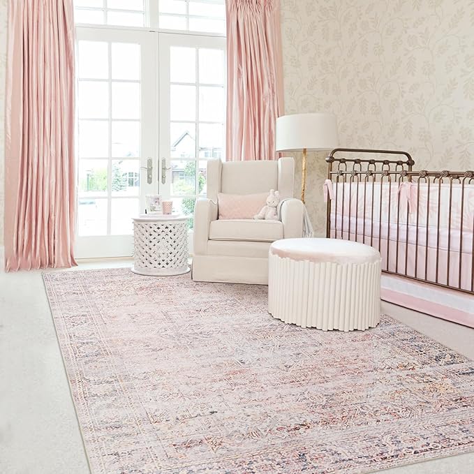 Girl Pink Area Rug 6x9 Washable Rug Non Slip Soft Baby Nursery Carpet Neutral Living Room Kids Bedroom Floor Covering, Pink and Grey