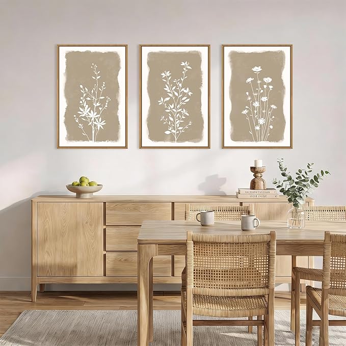 Aryroi Neutral Beige Floral Silhouette Framed Canvas Wall Art Set,Modern Boho Minimalist Botanical Wildflower Wall Decor,Vintage Natural Creamy Flower Artwork for Living Room,Farmhouse-16 x24 x3