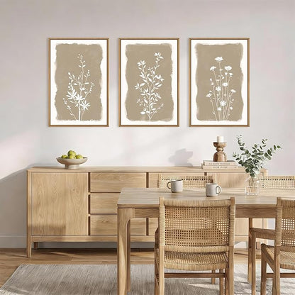 Aryroi Neutral Beige Floral Silhouette Framed Canvas Wall Art Set,Modern Boho Minimalist Botanical Wildflower Wall Decor,Vintage Natural Creamy Flower Artwork for Living Room,Farmhouse-16 x24 x3