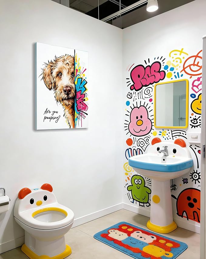 16x24“ Funny Goldendoodle Dog Bathroom Wall Art Painting, "Are You Pooping?" Graffiti Pet Canvas Print, Humorous Restroom Poster Decor for Washroom Bathroom Toilet, Modern Pop Art Dog Lover Gift (Framed)