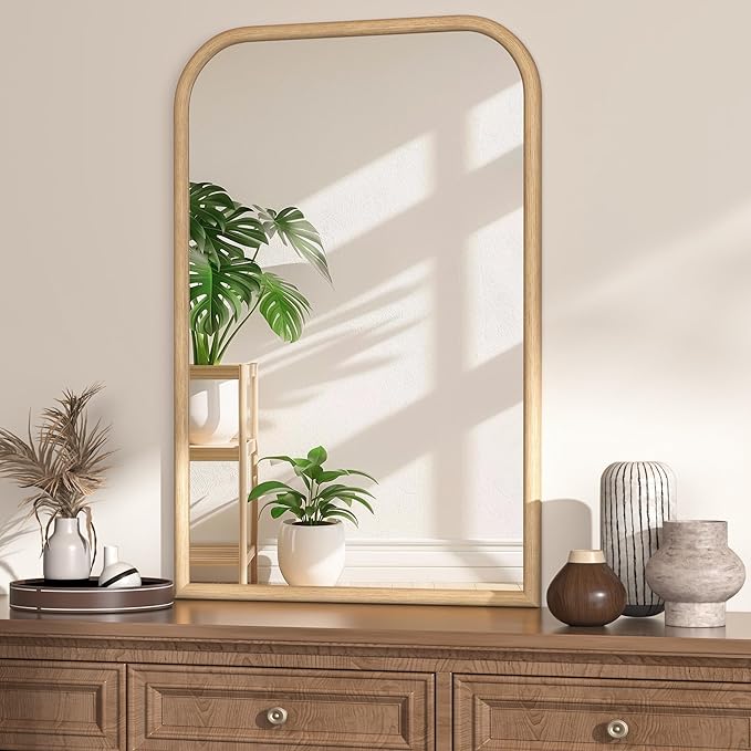 24"x36" Arch Wall Mirror for Wall, Wall Mounted Vanity Mirror for Bedroom, Wood Grain Finish Frame Mirror with Tempered Glass, Vintage Decorative for Bathroom, Entryway, Living Room, Natural
