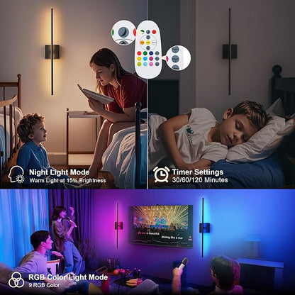 KARTOOSH 32.2 Inch 9 RGB Color Battery Operated Wireless Wall Sconces Set of Two, with Remote, Dimmable, Warm/Natural White/Daylight, Rotatable, LED Wall Light for Living Room, Bedroom, Black