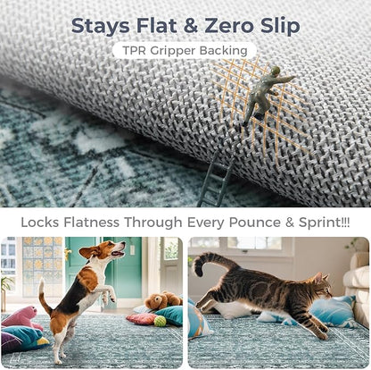 OPPODREAM Vintage Teal Area Rugs 5x7, 5 x 7 Retro Washable Rug Non Slip, Low-Pile Faux Wool Carpet, Distressed Floor Mat for Living Room, Bedroom, Kitchen, Office, Dorm, Dinning Room