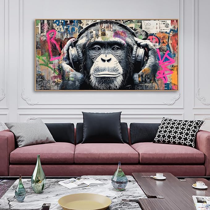 Sorbrozo DJ Gorilla Street Art Print - Colorful Graffiti Canvas Painting with Headphones Urban Animal Wall Decor for Boys Room Music Lover Gift 24x48in