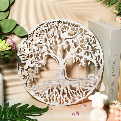Yalikop Tree of Life Wooden Wall Art Decor Wooden Wall Sculpture 11.8 Inch Tree of Life Wood Hollowed Out Hanging Sign for Farmhouse Home Hanging Decoration Supplies(White)