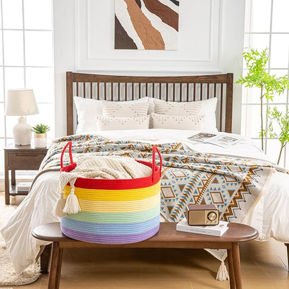 KAKAMAY Large Blanket Basket (20"x13"),Woven Baskets for storage Baby Laundry Hamper, Cotton Rope Blanket Basket for Living Room, Laundry, Nursery, Pillows, Baby Toy chest (Rainbow)