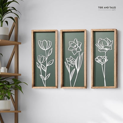3D Floral Green Wall Art (Set of 3) Lightweight, Wooden Ready-to-Hang Boho Framed Wall Art for Bathroom, Master Bedroom, Living Room or Office - Premium Sage Green Farmhouse Decor - Gift-Boxed