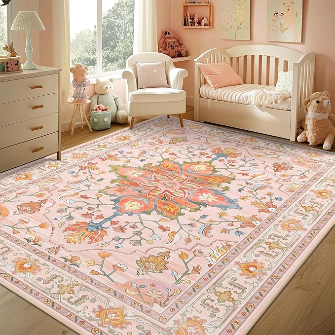 RELEANY Area Rugs 3'x5' Washable Non-Slip, Floral Vintage Distress Print Pattern Medallion Carpet for Living Room Bedroom Dining Room, Light Pink Colorful